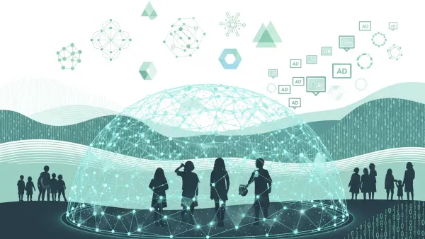 Digital landscape showing AI-powered age detection protecting minors from targeted ads online.