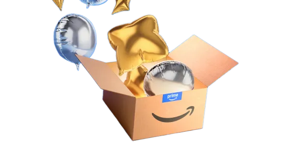 Amazon Prime delivery box with gold and silver balloons celebrating record-breaking four-day Prime Day 2025 sales
