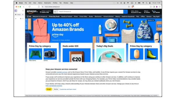Amazon's consent notice with highlighted yellow "Accept" button for cross-service data sharing under DMA scrutiny.