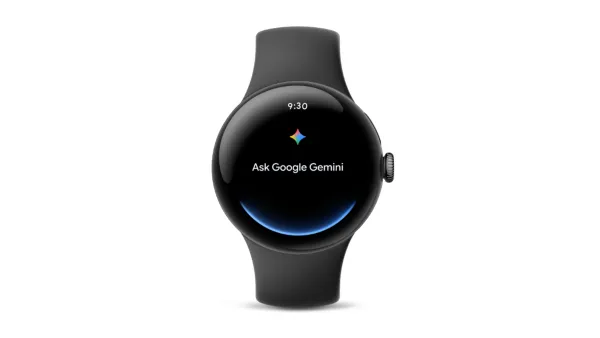 Wear OS smartwatch displaying "Ask Google Gemini" interface with colorful AI assistant logo on black screen