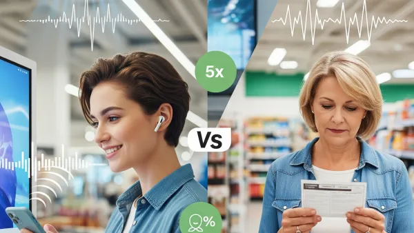 Gen Z shopper responds to digital audio ads vs Baby Boomer reading print materials in retail store