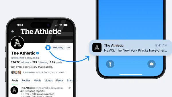 Bluesky Activity Notifications feature showing bell icon next to Follow button for The Athletic account