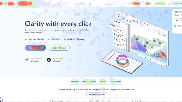 Microsoft Clarity live extension redesign showing heatmaps and analytics interface on website dashboard