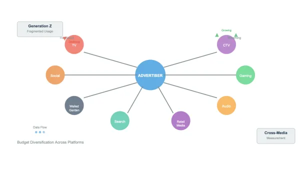 Media fragmentation diagram showing advertiser budget allocation across platforms like CTV, gaming, social media.