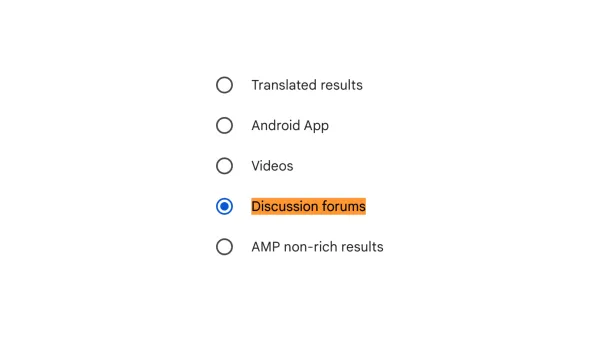 Discussion forums filter highlighted in Google Search Console performance report interface for tracking rich results analytics.