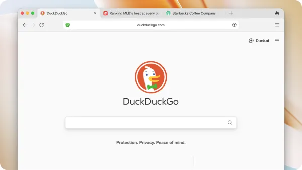 DuckDuckGo browser interface showing redesigned elements including Duck.ai button and privacy-focused layout