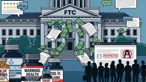 FTC building distributing refund money to consumers, with supplement bottles and restricted review warnings below