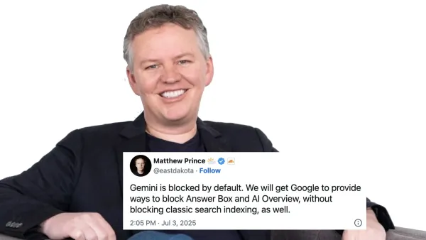 Matthew Prince, Cloudflare CEO, announces plan to get Google to block AI Overviews without affecting search.