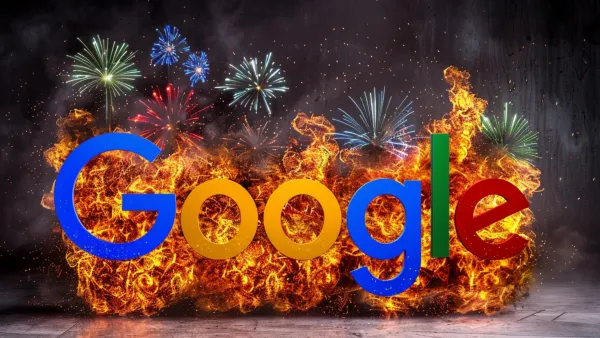 Google logo engulfed in flames with fireworks celebrating June 2025 core algorithm update rollout impact