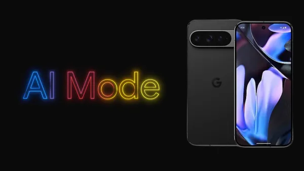 Pixel 9 Pro smartphone displaying AI Mode feature with colorful neon text on dark background