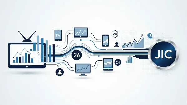 TV measurement data flows from multiple devices to JIC certification badge, showing cross-platform analytics.