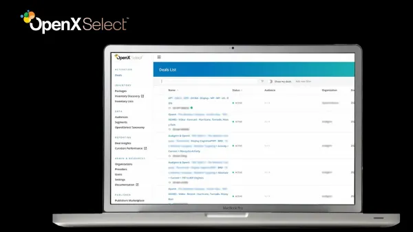 OpenXSelect platform interface showing deals list with audience targeting, inventory packages, and curation tools.