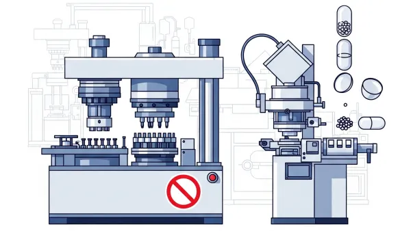 Pharmaceutical pill press machines with red prohibition symbol illustrating Google Ads policy restrictions.
