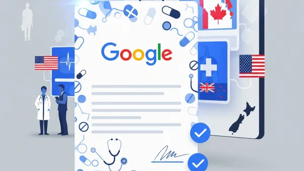 Google certification document with healthcare symbols, flags of US, Canada, New Zealand, and medical professionals.