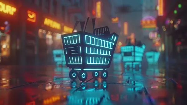 Digital shopping cart with neon glow representing TripleLift's 10x Prime Day advertiser growth success