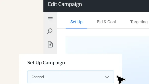 StackAdapt campaign setup interface showing Set Up, Bid & Goal, and Targeting tabs with channel selection dropdown