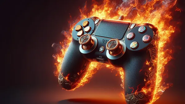 Gaming controller engulfed in flames symbolizing Xbox's uncertain future amid massive layoffs and cancellations.