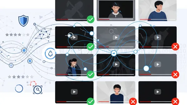 YouTube's AI detection system analyzing video content for monetization compliance, showing approved and flagged videos.