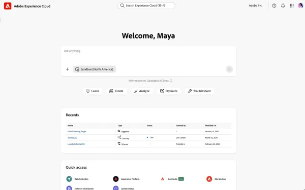 Adobe Experience Cloud dashboard showing AI Assistant interface with sandbox environment and marketing workflow tools for automated customer experience management.
