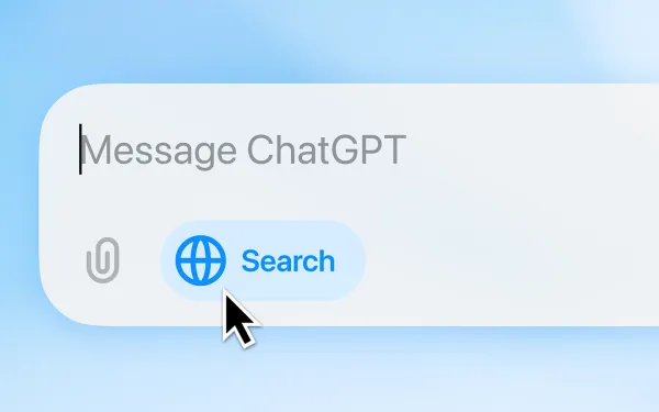 ChatGPT search interface showing web search functionality with blue globe icon and search button for AI-powered queries.
