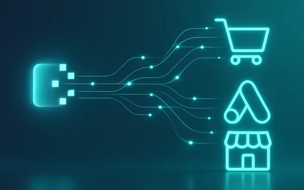 E-commerce data flowing from analytics dashboard to shopping cart and local store through digital connections for inventory tracking