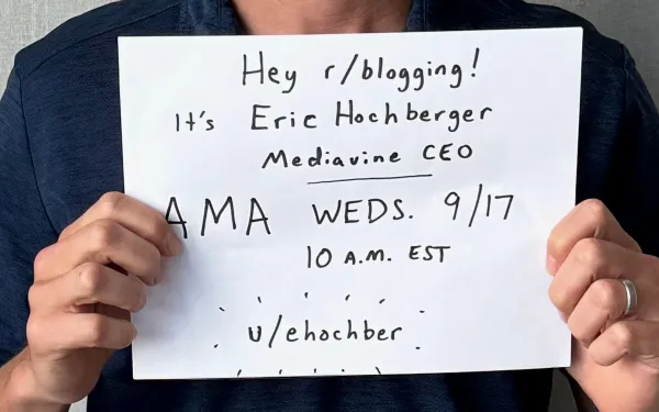 Eric Hochberger holds verification sign for Reddit AMA announcing Mediavine CEO session September 17, 2025.