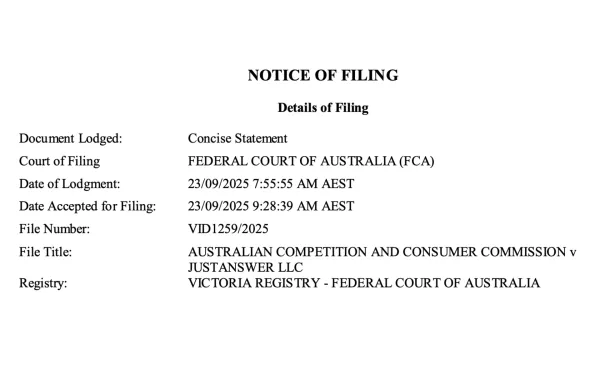 ACCC court filing notice against JustAnswer LLC dated September 23, 2025 in Federal Court Australia