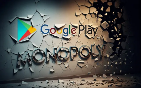 Google Play Store logo cracking apart with "MONOPOLY" text, symbolizing antitrust ruling impact. AI-generated.