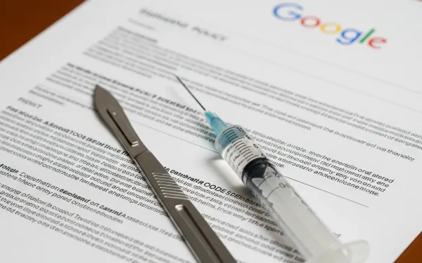 Google policy documents with medical syringe symbolizing healthcare advertising policy changes announcement