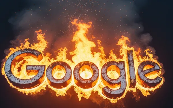 Google logo engulfed in flames symbolizing antitrust legal troubles and monopoly violations