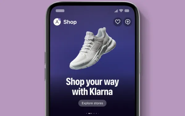 Klarna mobile app shopping interface showcasing sneaker advertisement and "Shop your way" branding. AI generated.