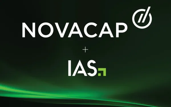 Novacap and IAS logos on dark gradient background announcing $1.9 billion acquisition deal September 2025.
