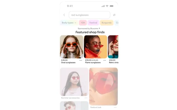 Pinterest Top of Search ads display "Featured shop finds" for red sunglasses with pricing and brand info.