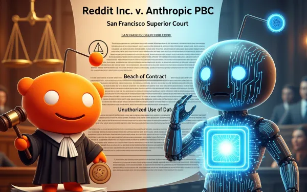 Reddit mascot in legal attire faces AI figure in courtroom setting over data scraping lawsuit. AI-generated image.