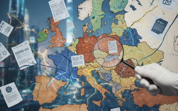 European map with magnifying glass examining DMA regulatory documents and digital connections. AI generated.  (98 characters)