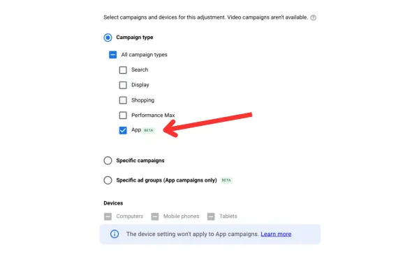 App campaigns beta checkbox selected in Google Ads seasonality adjustments interface with red arrow pointing