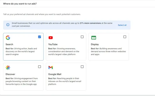 Google Ads new campaign setup interface showing channel selection before campaign type with Performance Max default option