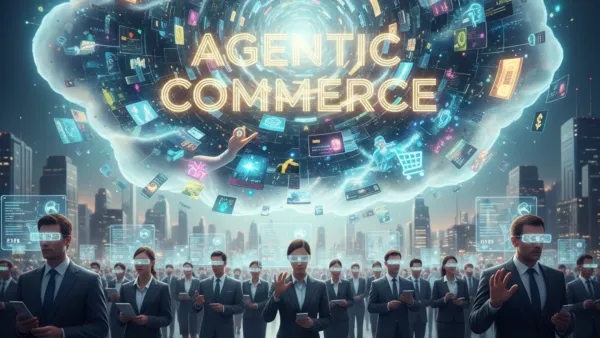 Agentic commerce concept visualization with AI shopping agents. AI-generated.