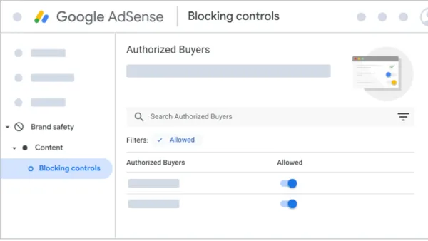 Google AdSense Authorized Buyers blocking controls interface showing toggle switches for buyer management