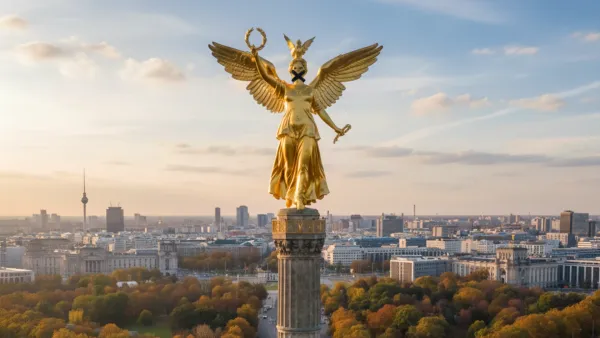 Berlin's Victory Column symbolizes Germany's pivotal role in EU Chat Control vote. AI-generated image.