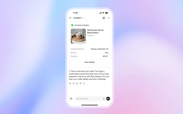 ChatGPT Instant Checkout shows completed Etsy purchase of dinnerware set for $81.47 within chat interface