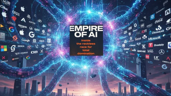 AI-generated visualization shows corporate logos orbiting digital networks representing Empire of AI concept.