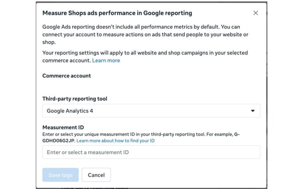 Meta Ads interface showing Google Analytics 4 integration option for third-party reporting setup.
