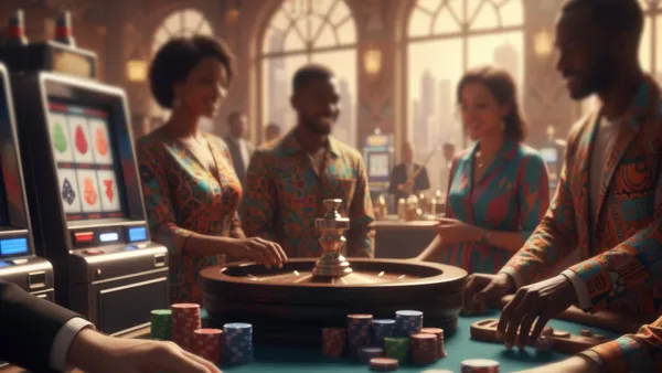 Nigerian casino players at roulette table with slot machines (AI generated image)