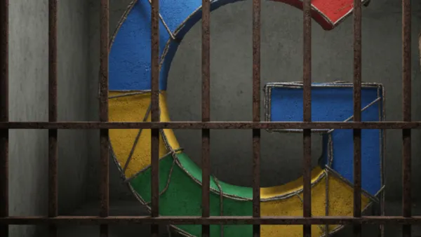 Google logo behind bars symbolizing antitrust lawsuit over AI content practices and monopoly abuse.