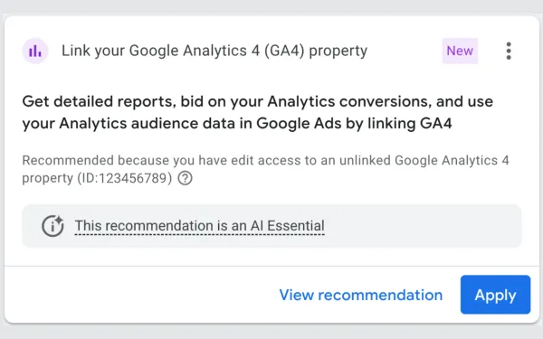Google Ads Analytics linking recommendation interface showing one-click connection option with 23% conversion boost.