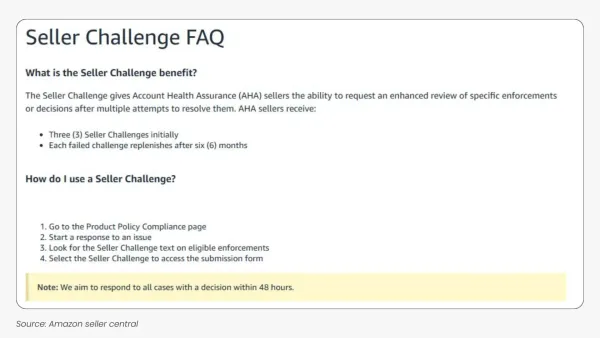 Amazon Seller Challenge FAQ showing three initial challenges and 48-hour review process for AHA sellers.