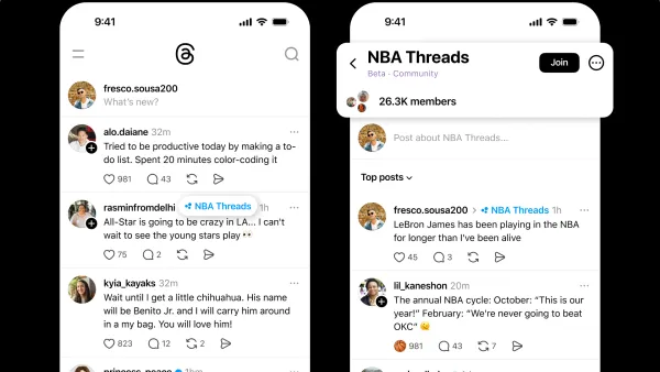Threads app interface showing NBA community with 26.3K members and custom basketball emoji for Like interactions.