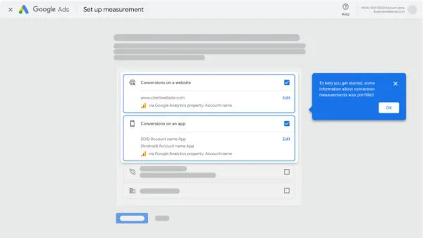 Google Ads unified conversion setup page showing web and app measurement configuration with bundled tracking options.