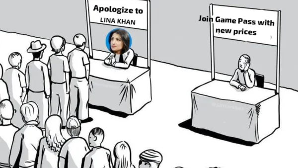 Microsoft Game Pass price hike vindicates Lina Khan; gamers line up to apologize. Meme.